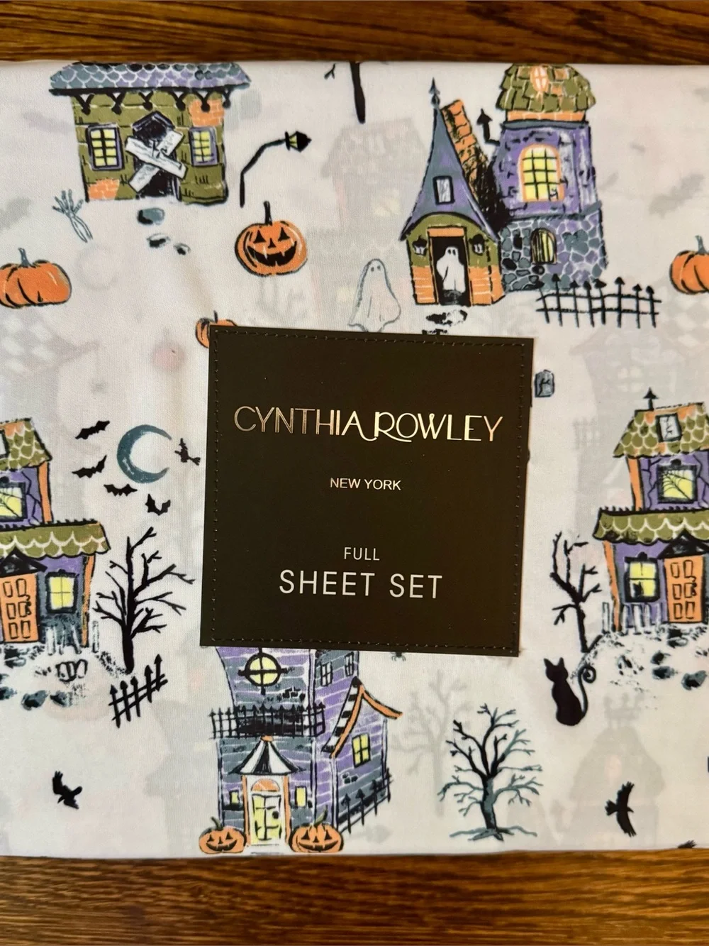 Cynthia Rowley Halloween Village Full Sheet Set - White, Purple & Orange Accents
